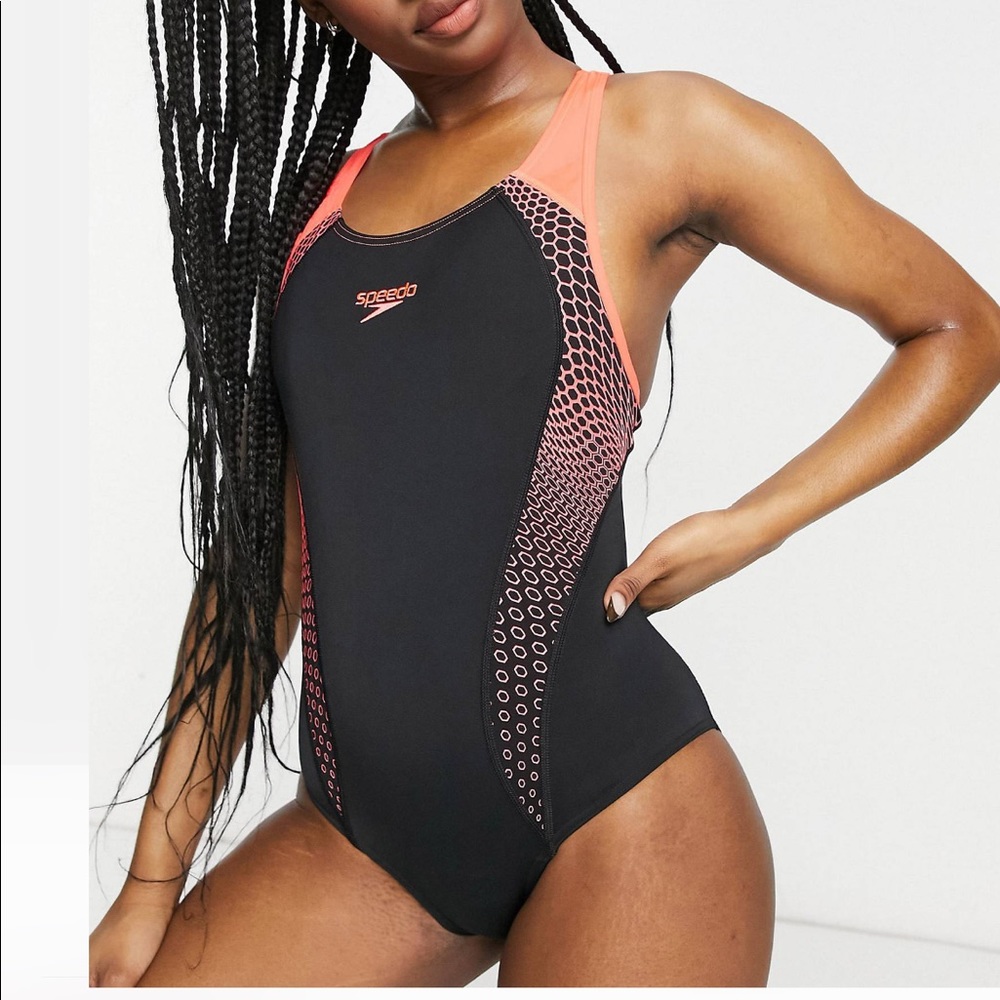Speedo swimsuit with placement print in black and orange